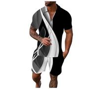 2026 - Homme Décontracté Rayé Rampe Imprimée Deux Pièces Fermeture éclair Haut Manches Courtes Blouse Cordon Sac Court Ensemble Chrétien Peau d'agneau Western, Noir , L