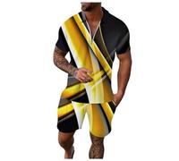 2026 - Homme Décontracté Rayé Rampe Imprimée Deux Pièces Fermeture éclair Haut Manches Courtes Blouse Cordon Sac Court Ensemble Chrétien Peau d'agneau Western, jaune, XXL