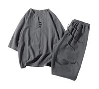 2026 Hommes Chinois S Tyle Tang Robe Été Deux Pièces Ensemble Lin Manches Courtes Trois Quarts Coton Lin T-shirt Décontracté, Gy1., XXL