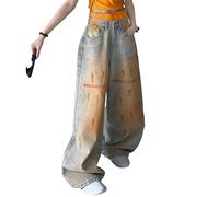 2026 Jean pour fille, pantalon décontracté à jambe droite pour enfants, coupe ample, design à griffonnage orange délavé, pantalon long pour le quotidien des filles trous, Orange, 11-12 ans
