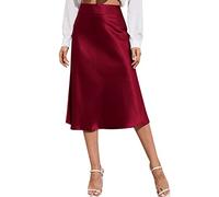 2026 - Jupe midi taille haute pour femme, robe en satin solide, fermeture éclair, jupes d'été élégantes jupes festives, Bordeaux, XS