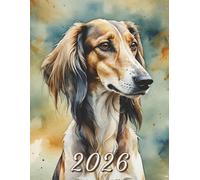 2026: Large Monthly Calendar Planner - Watercolor Saluki Dog