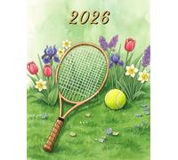 2026: Large Monthly Calendar Planner - Watercolor Tennis Racket And Ball With Flowers