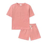 2026 Lot De 2 Survêtements Ensemble Ete Vêtements Short Tee Shirt D'été Solides à Manches Courtes avec Short pour Enfant Garçon Et Fille Confortable Casual Jogging Sport Plage (06-Red, 4-5 Years)