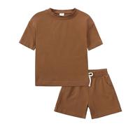 2026 Lot De 2 Survêtements Ensemble Ete Vêtements Short Tee Shirt D'été Solides à Manches Courtes avec Short pour Enfant Garçon Et Fille Confortable Casual Jogging Sport Plage (08-Brown, 12-13 Years)