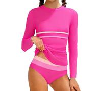 2026 Maillot de Bain Anti-UV pour Filles, Haut à Manches Longues rayé et Coupe ajustée, Bas de Bikini Assorti, Tailles 7 à 16 Ans. (9-10 Years) Été