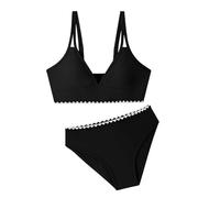 2026 Maillot de Bain Deux pièces pour Filles, col en V, Double Bretelle, avec Coussinets de Poitrine. Joli Bikini Deux pièces avec Coussinets de Poitrine. (Black, 13-14 Years)
