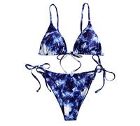 2026 Maillot de Bain Femme 2 Pieces Maillot de Bain imprimé Dentelle Femmes pièce Haut Bikini Deux Ensemble tie-Dye Sexy Coupe Jambe Maillots Tankinis Voyage Printanier (Blue, L)