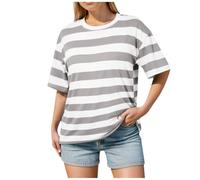 2026 - Maillots de corps rayés à manches courtes pour femmes portant des hauts coréens, amples et grands au printemps et en automne. T-shirt femme ample, gris, XXL
