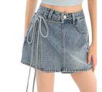 2026 Mini jupe asymétrique tendance pour femme avec laçage à la taille Détails en denim Style faux Jupe trapèze décontractée pour tenues d'été Corset, bleu ciel, M