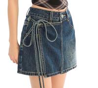2026 Mini jupe asymétrique tendance pour femme avec laçage à la taille Détails en denim Style faux Jupe trapèze décontractée pour tenues d'été Corset, bleu, S