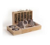 2026 New 3 in 1 Rabbit Litter Box with Hay Feeder, Extra Large Solid Wood Bunny Toilet with Deeper Stainless Steel Bowls, Anti-Spill Grate, Holds 1lb Hay for Guinea Pig & Dwarf Rabbits