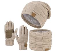 2026 New 3 Piece Winter Warm Set - Windproof Knit Hat, Scarf & Gloves, Stretchy Fleece Lined for Cold Weather Outdoor (Beige,One SIze)
