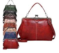 2026 New Elegant Waterproof Women’s Leather Kiss-Lock Tote Handbag,Oil Wax PU Leather Handbag,Vintage Crossbody Shoulder Bag (Red)