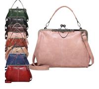 2026 New Elegant Waterproof Women’s Leather Kiss-Lock Tote Handbag,Oil Wax PU Leather Handbag,Vintage Crossbody Shoulder Bag (Pink)