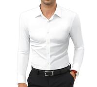 2026 New Marcivo Dress Shirt Men's Solid Long Sleeve Wrinkle-Free Casual Button Down Shirts Men's Stretch Dress Shirt (White,S)