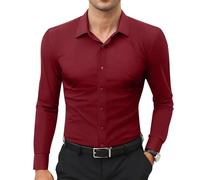 2026 New Marcivo Dress Shirt Men's Solid Long Sleeve Wrinkle-Free Casual Button Down Shirts Men's Stretch Dress Shirt (Red,Grand)