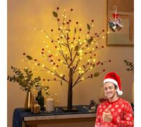 2026 New Red Berry Blossom Twinkling Tree with 24 LED and 48 Berries Lighted Branches with Battery/USB Operated, Artificial Bonsai Lamps, Xmas Tabletop Decor for Christmas, Thanksgiving (Red)