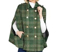 2026 New Women's Plaid Winter Cape Coat - Double Breasted Wool Blend Cape with Pockets, Warm Cloak Jacket (Green,M)