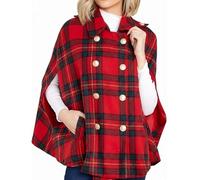 2026 New Women's Plaid Winter Cape Coat - Double Breasted Wool Blend Cape with Pockets, Warm Cloak Jacket (Red,M)