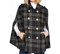 2026 New Women's Plaid Winter Cape Coat - Double Breasted Wool Blend Cape with Pockets, Warm Cloak Jacket (Black,M)