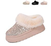 2026 New Women's Platform Glitter Sequin Flat Slippers Winter Snow Boots Fuzzy Fluffy Lined Slippers And Outdoor Comfy Warm (Pink,42)
