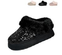 2026 New Women's Platform Glitter Sequin Flat Slippers Winter Snow Boots Fuzzy Fluffy Lined Slippers And Outdoor Comfy Warm (Black,38)