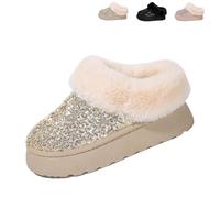 2026 New Women's Platform Glitter Sequin Flat Slippers Winter Snow Boots Fuzzy Fluffy Lined Slippers And Outdoor Comfy Warm (Gold,39)