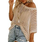 2026 New Womens Summer Scoop Neck Short Sleeve Sweater Casual Crochet Hollow Out Knit Pullover Shirt Tops Beach Cover Up (Apricot,M)