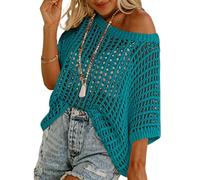 2026 New Womens Summer Scoop Neck Short Sleeve Sweater Casual Crochet Hollow Out Knit Pullover Shirt Tops Beach Cover Up (Peacock Blue,Grand)