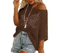 2026 New Womens Summer Scoop Neck Short Sleeve Sweater Casual Crochet Hollow Out Knit Pullover Shirt Tops Beach Cover Up (Brown,3TG)