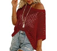 2026 New Womens Summer Scoop Neck Short Sleeve Sweater Casual Crochet Hollow Out Knit Pullover Shirt Tops Beach Cover Up (Wine,Grand)