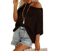 2026 New Womens Summer Scoop Neck Short Sleeve Sweater Casual Crochet Hollow Out Knit Pullover Shirt Tops Beach Cover Up (Black,Grand)
