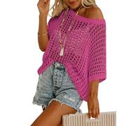 2026 New Womens Summer Scoop Neck Short Sleeve Sweater Casual Crochet Hollow Out Knit Pullover Shirt Tops Beach Cover Up (Hot Pink,S)