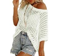 2026 New Womens Summer Scoop Neck Short Sleeve Sweater Casual Crochet Hollow Out Knit Pullover Shirt Tops Beach Cover Up (White,3TG)