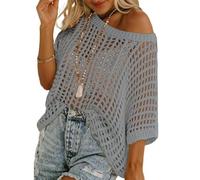 2026 New Womens Summer Scoop Neck Short Sleeve Sweater Casual Crochet Hollow Out Knit Pullover Shirt Tops Beach Cover Up (Gray,Grand)