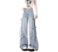 2026 Nouveau Accessible Jeans Femme Style Jean Femme avec Jambe Large Nœud Papillon Coupe Ample Pantalon Long pour la Mode Automne, bleu, S