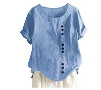 2026 Nouveau Costume Femme Couleur Unie Col Rond Manches raglan Ourlet Fente Lâche Manches Courtes Décoration Décontractée Tops T-shirt, bleu ciel, L
