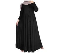 2026 Nouveau Costume Femme Musulman Saisonnier Coton Lin Robe Maxi Loisirs Rétro Loisirs Robe surdimensionnée avec col rond Ourlet à volants pour grandes tailles, Noir , S