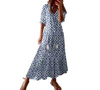 2026 Nouveau Costume Femme Robe à Manches Moyennes à Longues avec Pompons Imprimé Bohème Large, Col en V, bleu, XL