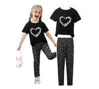 2026 Nouveau Ensemble d'Été pour Petites Filles Haut Imprimé Manches Courtes Pantalon Long Deux Pièces Confortable Jeu (Multicolour, 5-6 Years)