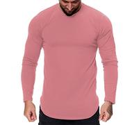 2026 Nouveau Mode Homme Casual Sport Fitness Extérieur Ourlet Courbé Couleur Unie Col Rond T-Shirt Manches Longues Top, Rose, XL