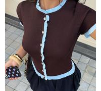 2026 Nouveau printemps/été Femmes Cardigan tricoté à col rond à manches courtes avec contraste de dentelle en brun foncé et bleu marine clair, design minimaliste de boutons, texture côtelée, essentiel