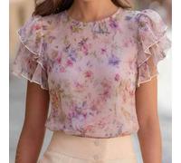 2026 Nouveau Style Blouse à Manches Volantes Épaules Dénudées Volants avec Poignets Élastiques Manches Bouffantes Floral Ditsy Aquarelle Rose Violet Petit Floral Ditsy Style Pastoral Palette de Couleu