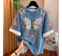 2026 Nouveau T-shirt d'été en faux denim à imprimé numérique, Top premium de luxe élégant à manches courtes, T-shirt orné de perles fait main avec papillon 3D et fleurs, T-shirt décontracté à la mode 