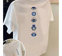 2026 Nouveau Top Décontracté Grande Taille pour Femmes Printemps/Été Col Rond Manches Courtes avec Imprimé Œil Mauvais & Main de Hamsa Blanc 0XL,1XL,2XL,3XL,4XLGéométriqueTissu tricoté