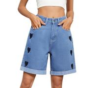 2026 Nouveaux accès Jeans Femmes Femmes Casual Personnalité Cœur Ourlet Déchiré Short Cinq Points Taille Moyenne, bleu, XXL