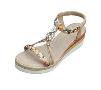 2026 Nouveaux chaussures pour femme Sandales plates d'été Sandales plates Bohème avec strass perles Loisirs Chaussures de plage Sandales orthopédiques décontractées élastiques Tongs tressées, beige