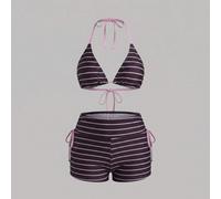 2026 Nouvel ensemble 2 pièces de plage d'été, Top à bretelles dos nu imprimé aléatoire rayé assorti à un short à nouer sur le côté. Ensemble de bikini de plage élégant et sexy pour les vacances. Ensem