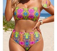2026 Nouvel ensemble de bikini bandeau deux pièces grande taille pour femmes, maillot de bain imprimé à la mode avec bas triangle taille haute 0XL,1XL,2XL,3XL,4XLPlantesÉtoffe